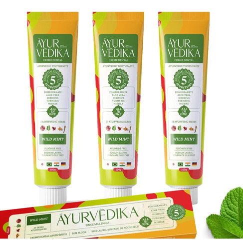 Kit 3 Creme Dental Ayurvèdika Sabor Wild Mint Sem Flúor 100g