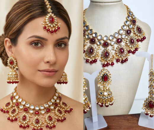 Conjunto completo de semi joia indiana para festas Lakshmi Red Gold