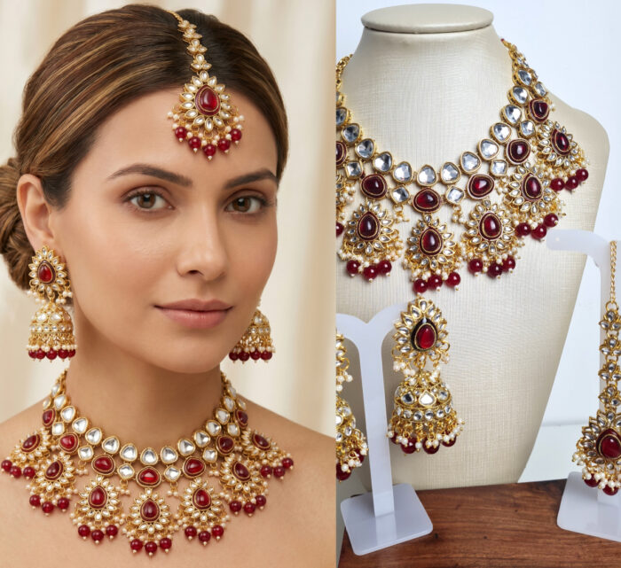 Conjunto completo de semi joia indiana para festas Lakshmi Red Gold
