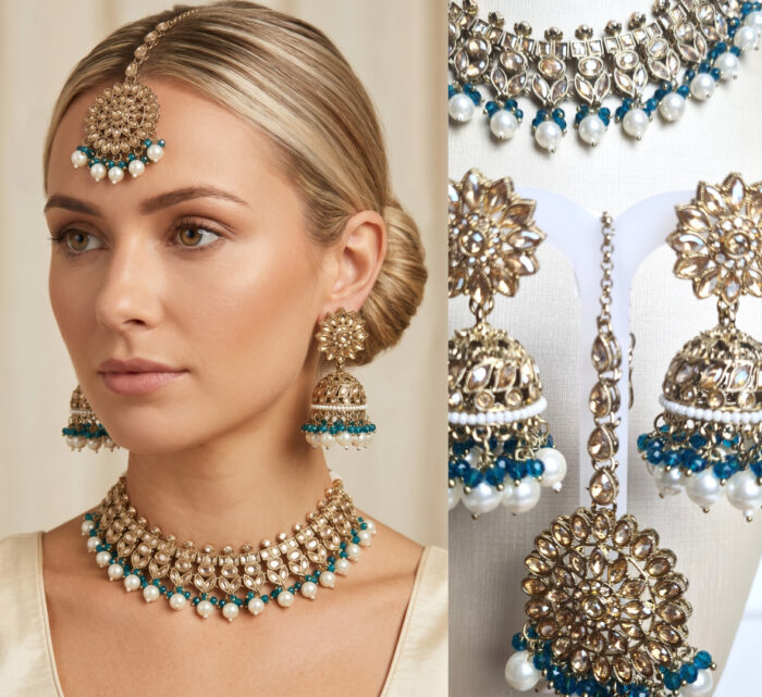 Conjunto completo de semi joia indiana para festas Saraswati Green