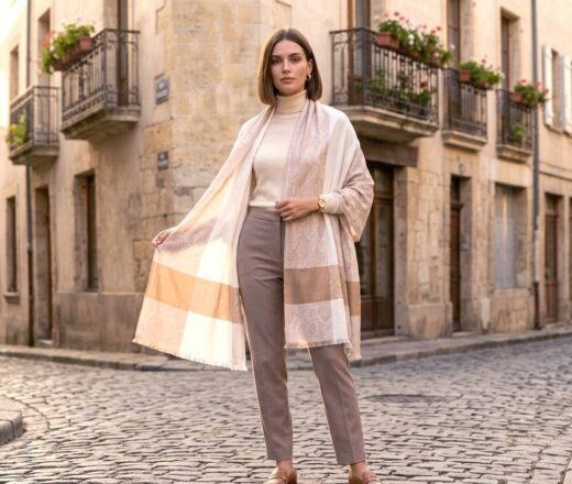 Pashimina indiana de cashmere estampa paisleys tons de nude adamascada