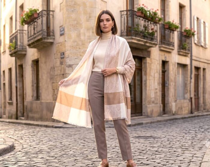 Pashimina indiana de cashmere estampa paisleys tons de nude adamascada