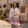 pashmina indiana original de cashmere cinza com lilás estampa paisley
