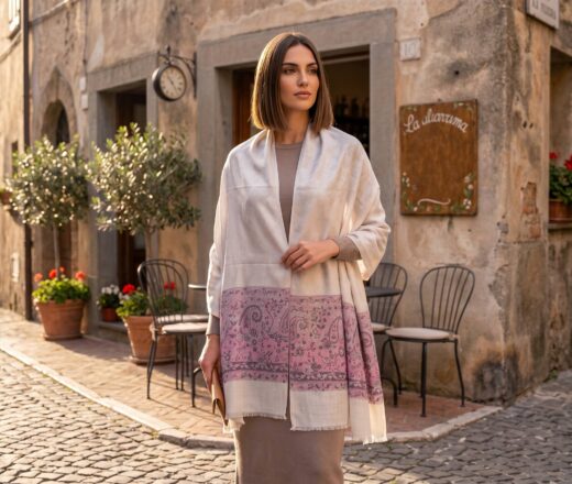pashmina indiana original de cashmere cinza com lilás estampa paisley