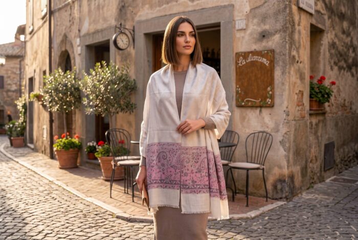 pashmina indiana original de cashmere cinza com lilás estampa paisley