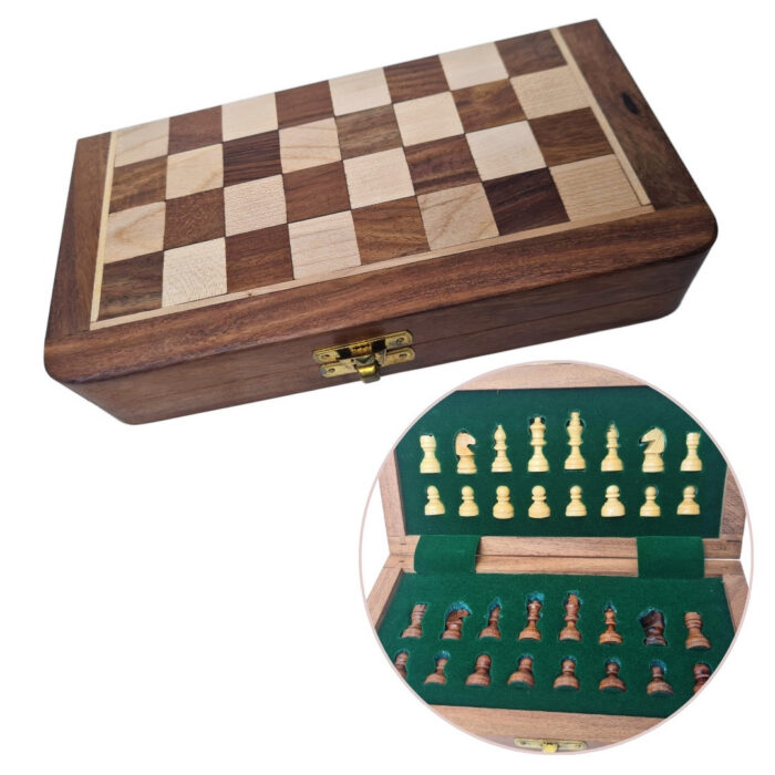 Jogo de Xadrez em Miniatura de Madeira para viagem (Artesanato Indiano)
