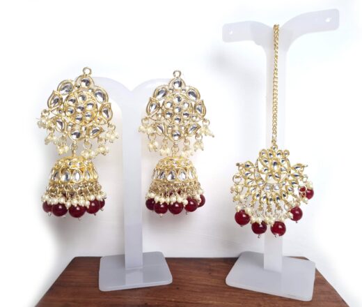 Conjunto para festas indianas de brinco Jhumka com tikka bordô
