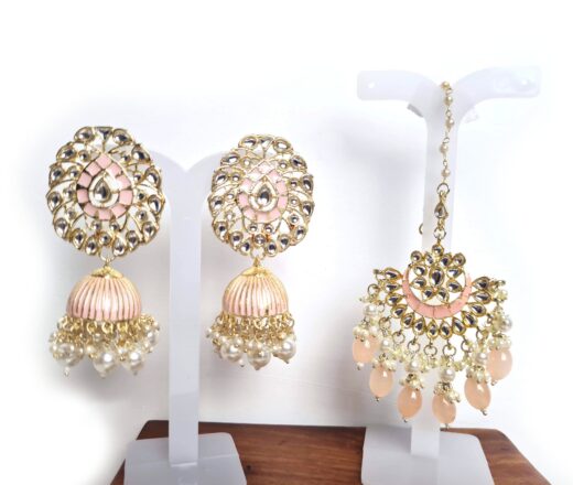 Conjunto para festas indianas de brinco Jhumka com tikka rose pêssego