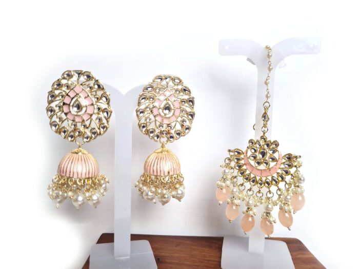 20260529_185443 Conjunto para festas indianas de brinco Jhumka com tikka rose pêssego