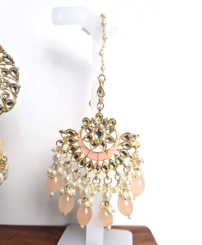 20260529_185503 Conjunto para festas indianas de brinco Jhumka com tikka rose pêssego