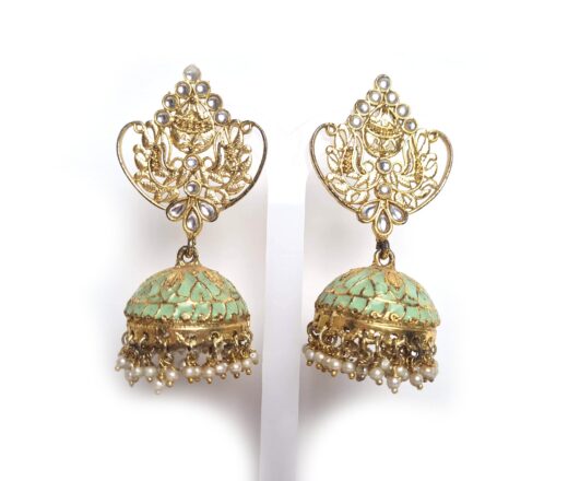 Brinco indiano dourado Jhumka clássico arabescos verde