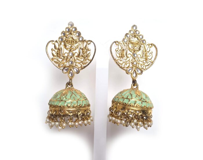 Brinco indiano dourado Jhumka clássico arabescos verde