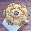 Anel indiano de festa dourado e rosa design floral com pedras âmbar