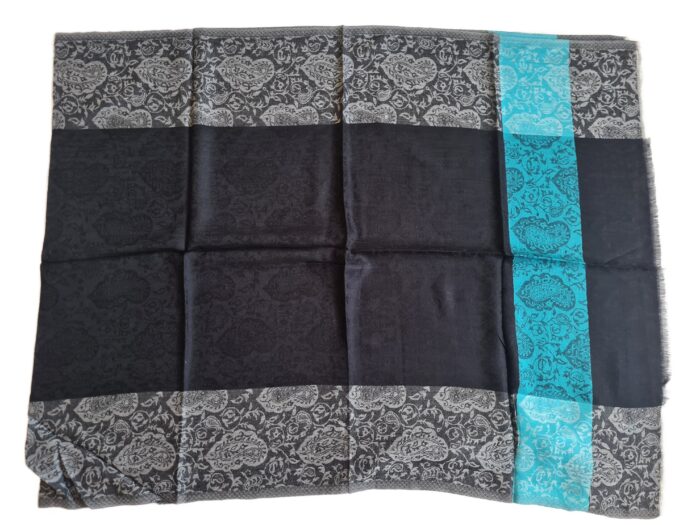 Pashimina indiana de cashmere estampa em preto e azul