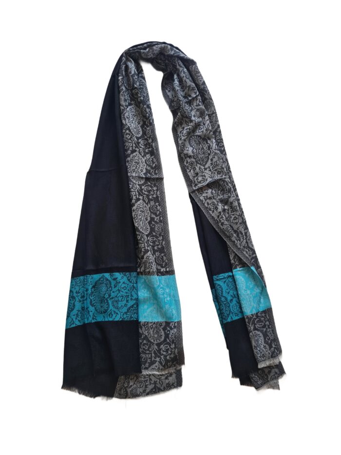 Pashimina indiana de cashmere estampa em preto e azul