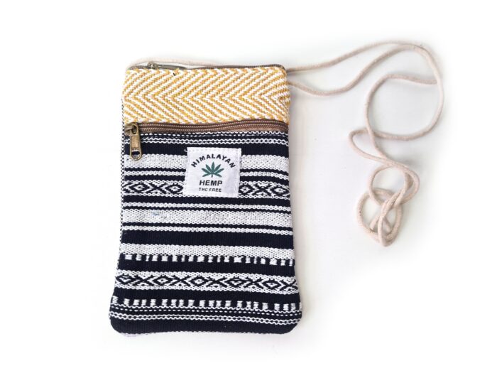 Bolsinha indiana 100% Hemp fibra natural com zíper preto e mostarda
