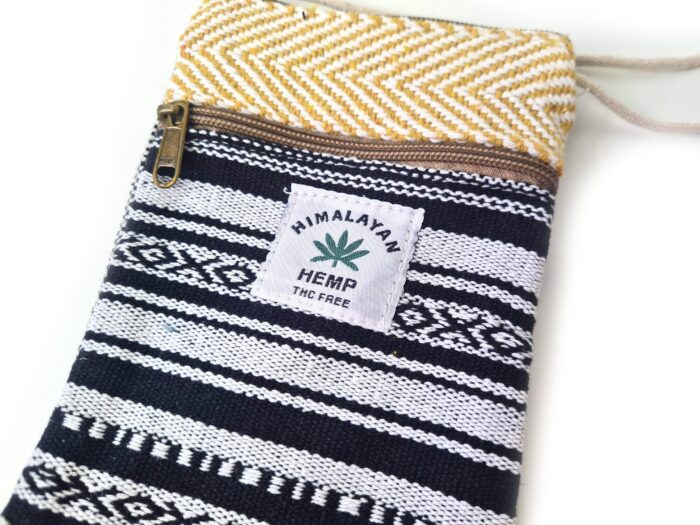 Bolsinha indiana 100% Hemp fibra natural com zíper preto e mostarda