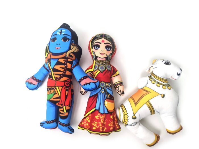 Bonecos do casal Radha & Krishna e a Vaca sagrada de tecido 20cm