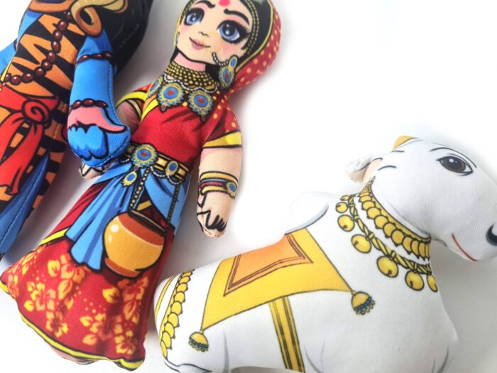 Bonecos do casal Shiva e Parvati com o Touro de tecido 20cm
