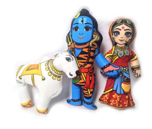 Bonecos do casal Radha & Krishna e a Vaca sagrada de tecido 20cm