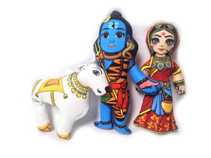 Bonecos do casal Radha & Krishna e a Vaca sagrada de tecido 20cm