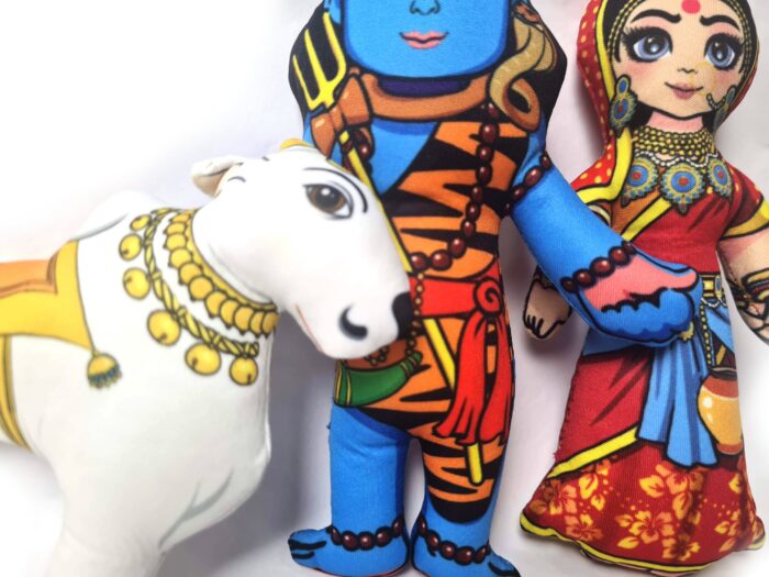 Bonecos do casal Shiva e Parvati com o Touro de tecido 20cm
