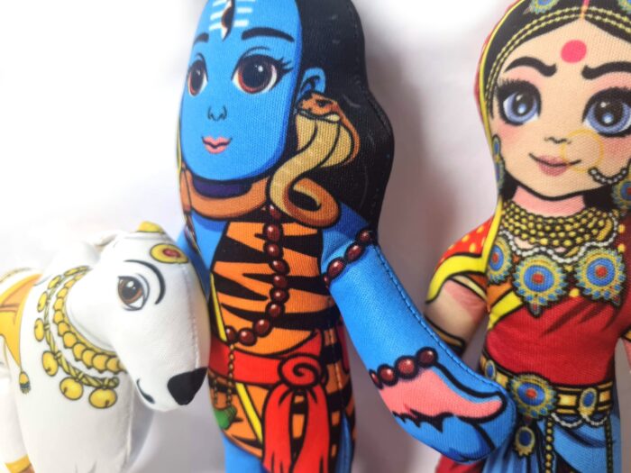 Bonecos do casal Shiva e Parvati com o Touro de tecido 20cm