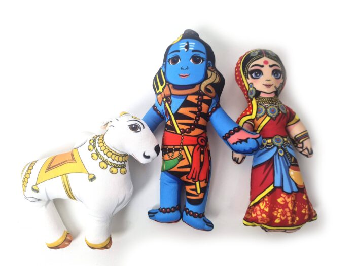 Bonecos do casal Shiva e Parvati com o Touro de tecido 20cm