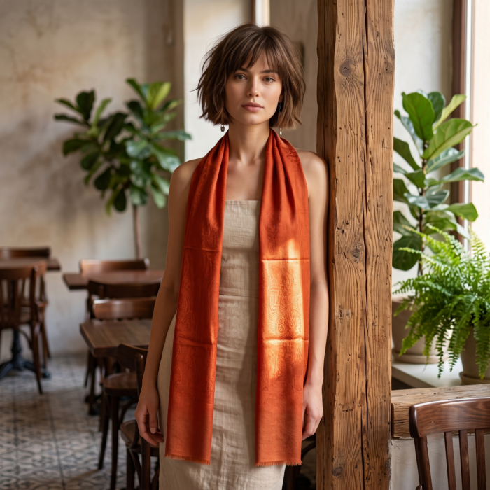 Pashimina indiana de cashmere estampa laranja terracota