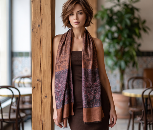 pashmina de cashmere luxuosa marrom adamascada com paisleys Pashimina indiana de cashmere estampa marrom ferrugem