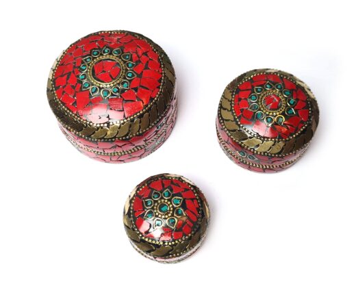 Conjunto de 3 potes artesanais indianos mosaico de pedras coral