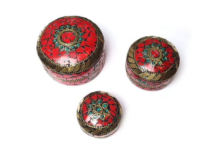 Conjunto de 3 potes artesanais indianos mosaico de pedras coral