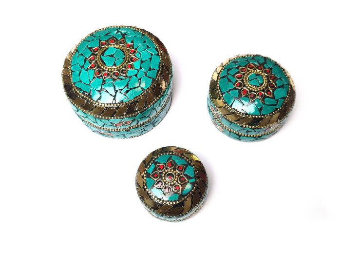 Conjunto de 3 potes artesanais indianos mosaico de pedras turquesa