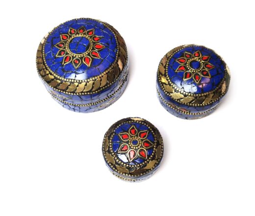 Conjunto de 3 potes artesanais indianos mosaico de pedras Lapis Lazuli