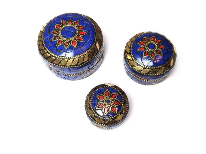 Conjunto de 3 potes artesanais indianos mosaico de pedras Lapis Lazuli