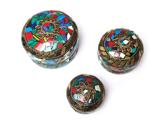 Conjunto de 3 potes artesanais indianos mosaico de pedras mix colorido