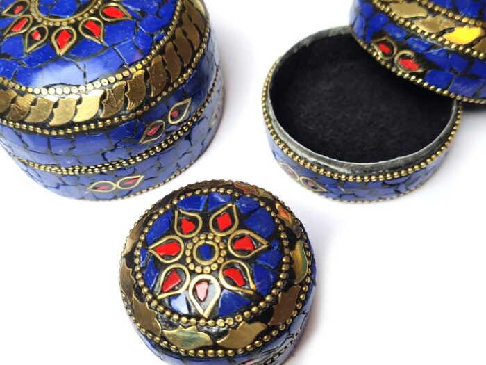 Conjunto de 3 potes artesanais indianos mosaico de pedras Lapis Lazuli