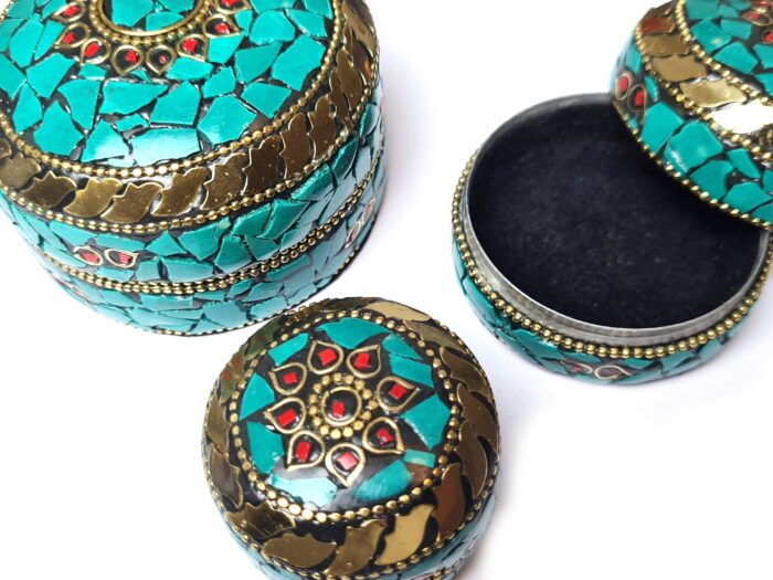 Conjunto de 3 potes artesanais indianos mosaico de pedras turquesa