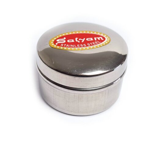 Pote para kumkum ou tilakas, de inox -  um pequeno recipiente de aço inoxidável usado para guardar o pó sagrado vermelho (kumkum ou sindoor) utilizado em rituais hindus, altares (pujas) ou uso pessoal.
