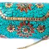 Bolsa indiana rígida de metal com mosaico de pedras naturais turquesa e coral