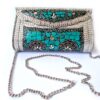 bolsa rígida de metal indiana com pedras verde turquesa com alça prateada