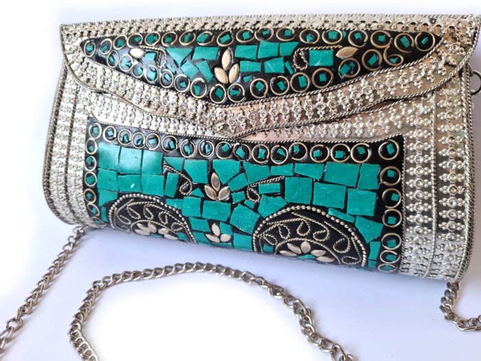 Bolsa indiana de metal mosaico de pedras naturais turquesa