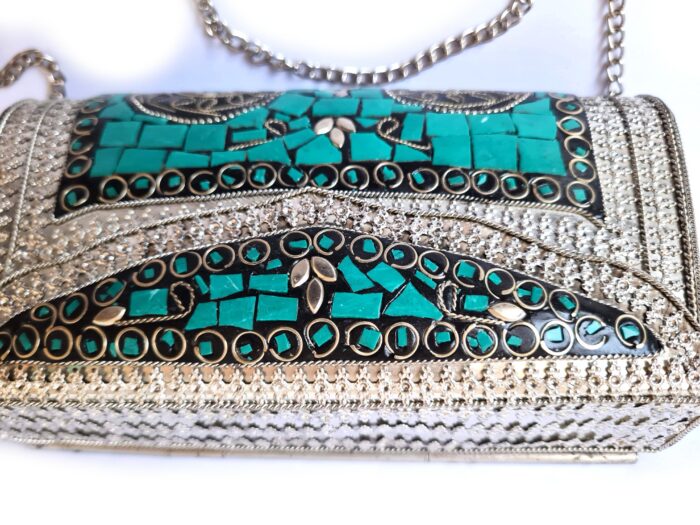 Bolsa indiana de metal mosaico de pedras naturais turquesa
