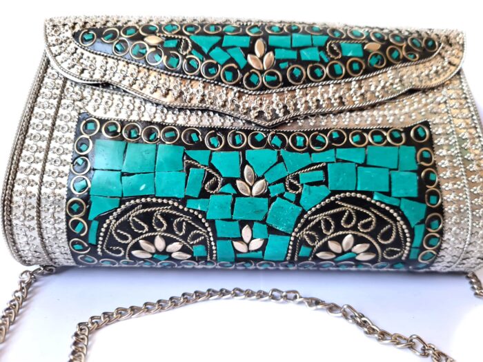 Bolsa indiana de metal mosaico de pedras naturais turquesa