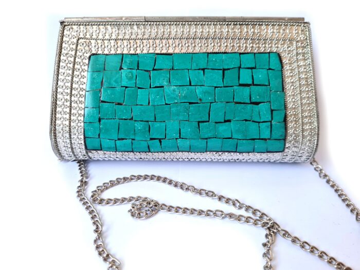 Bolsa indiana de metal mosaico de pedras naturais turquesa