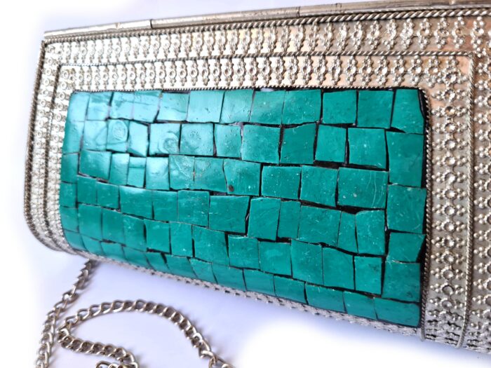 Bolsa indiana de metal mosaico de pedras naturais turquesa