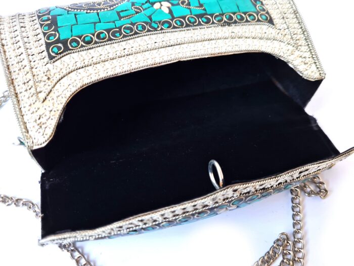 Bolsa indiana de metal mosaico de pedras naturais turquesa