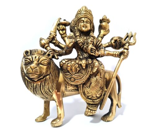 Durga é representada no panteão hindu como uma deusa montando um leão ou tigre, com muitos braços cada um carregando uma arma.  Ela aparece em textos indianos como a esposa de Deus Shiva, como outra forma de Parvati ou mãe deusa.