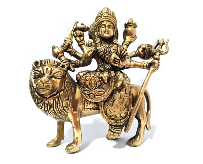 Durga é representada no panteão hindu como uma deusa montando um leão ou tigre, com muitos braços cada um carregando uma arma.  Ela aparece em textos indianos como a esposa de Deus Shiva, como outra forma de Parvati ou mãe deusa.