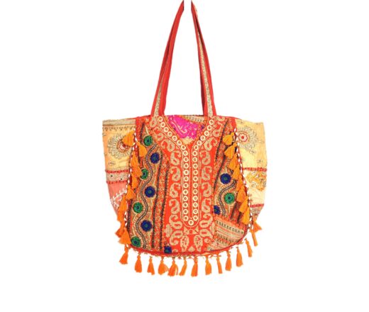 Bolsa Tote Indiana Banjara Patchwork Vintage Bordada à Mão Laranja